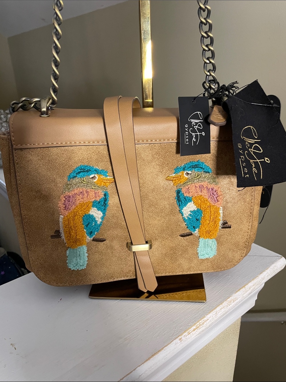 Chic Tan Suede Crossbody Bag with Embroidered Bird Motif - by